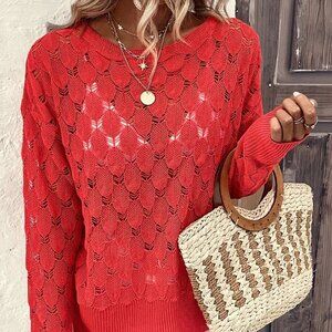 Red Boho Womens Solid Pointelle Knit Sweater